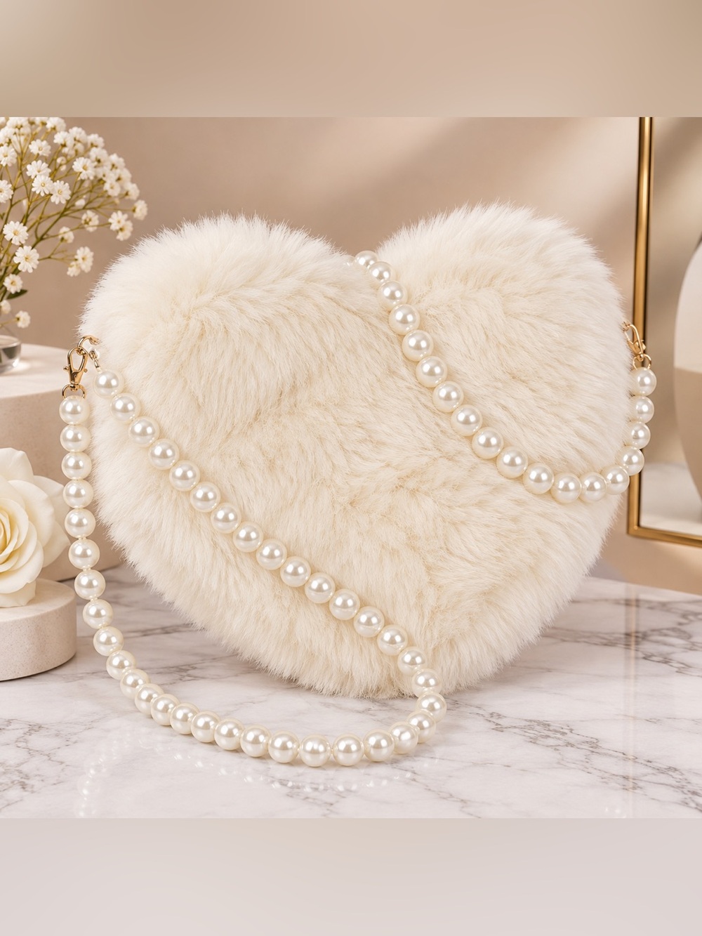 Classic Pearl Bead Strap Faux Fur Heart Purse- Ivory Color